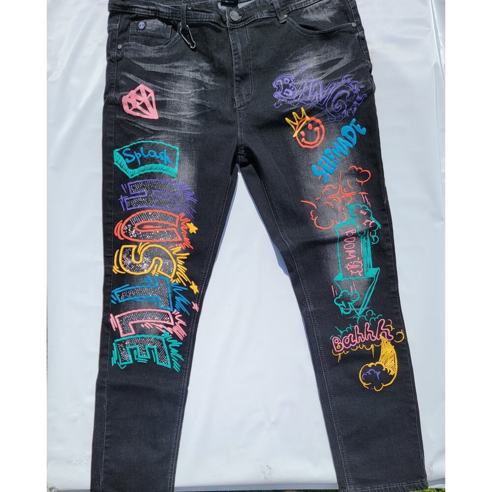 Switch Remarkable Jeans Mens 38x30 Black Paint Splatter Whiskers Hip Hop Denim